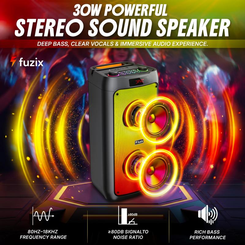 Altavoz portátil Bluetooth Fuzix Pulse de 30 W para fiestas, micrófono inalámbrico para karaoke, luces LED dinámicas, emparejamiento estéreo TWS, radio FM, Bluetooth 5.3, carga USB-C, entrada AUX, tarjeta TF y MicroSD, control remoto, perillas de eco y ec