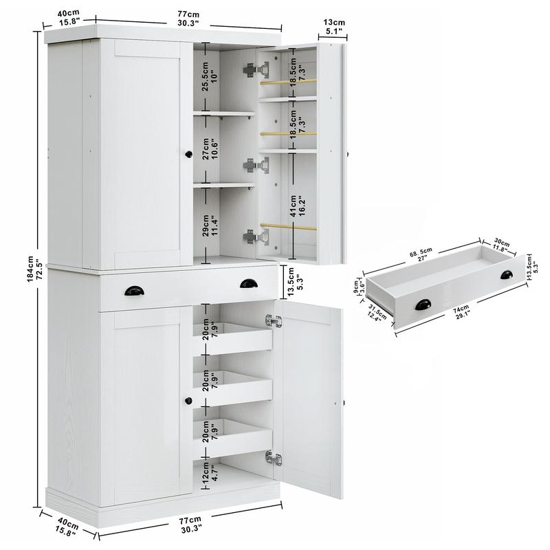 (Envío en 2 paquetes) Armario de cocina independiente IRONCK de 72", mueble de interior moderno que ahorra espacio con cajón, estante deslizante, 6 estantes colgantes, herrajes incluidos, armarios de almacenamiento