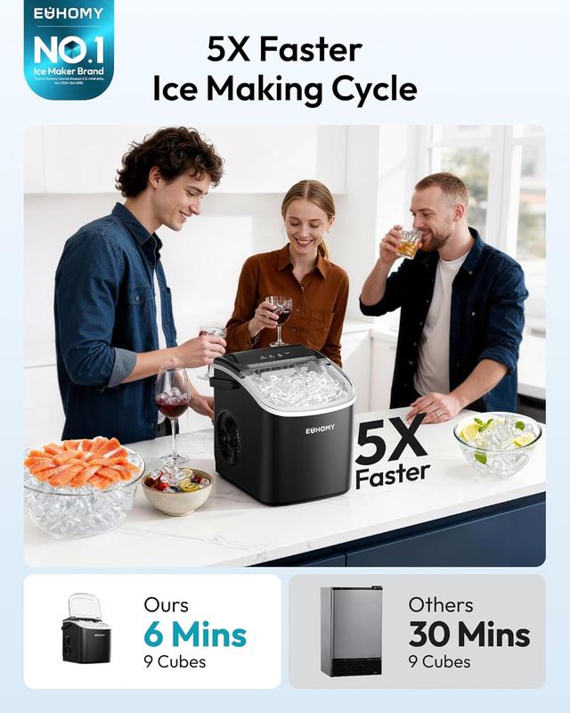 Máquina de hielo de sobremesa con asa, 12 kg en 24 horas, 9 cubitos de hielo listos en 6 minutos, máquina de hielo portátil con autolimpieza, cesta y pala, para el hogar/cocina/camping/caravana.