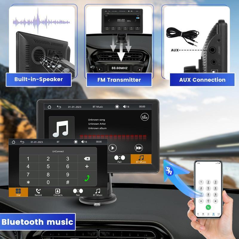 Nueva pantalla inalámbrica Carplay para coche (modelo 2026), 7 pulgadas, cámara de visión trasera, música/Mirror Link/navegación para todos los coches, equipada con cable AUX.