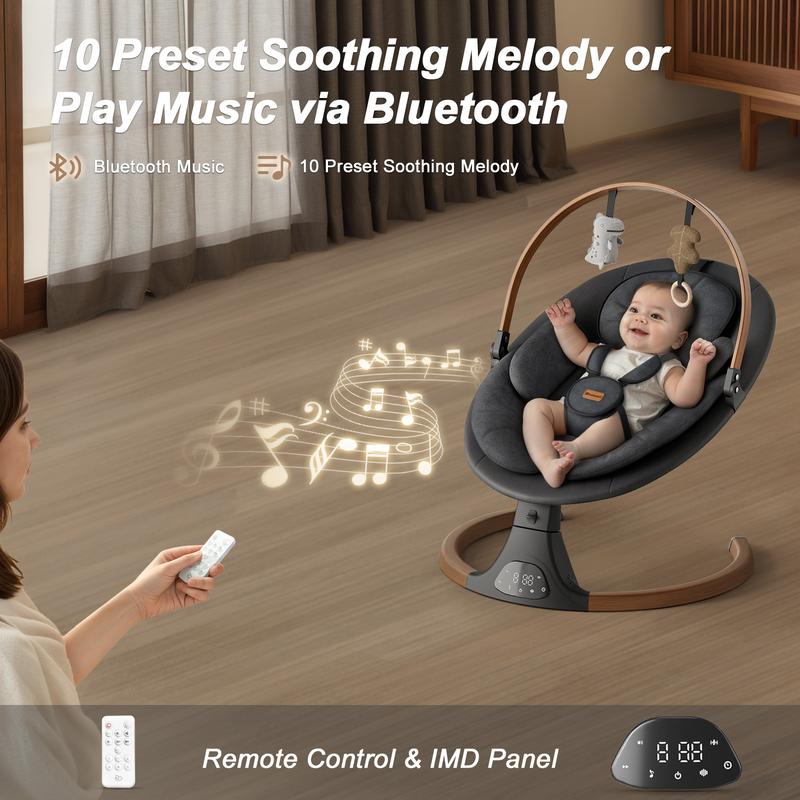 Columpio inteligente de lujo BabyBond con 10 melodías relajantes preestablecidas y música Bluetooth para recién nacidos y niños pequeños - Diseño ergonómico, arnés de 5 puntos, control remoto y panel IMD - Asiento, regalo para el Día de la Madre