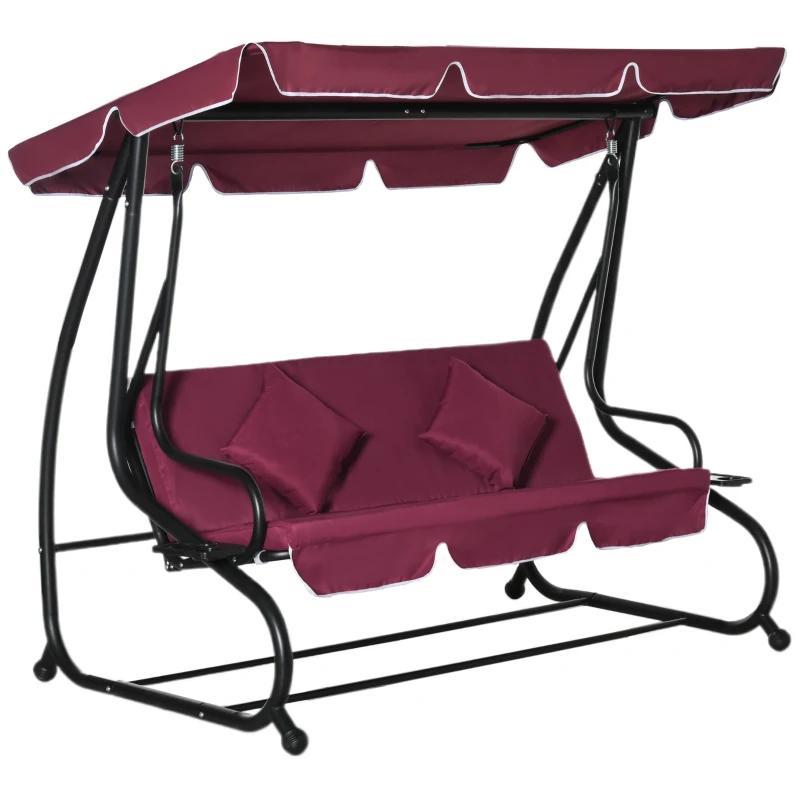 Silla colgante de exterior de 3 plazas para patio con cojín extraíble, estructura de acero y toldo inclinable ajustable para patio, jardín, piscina, balcón o terraza.