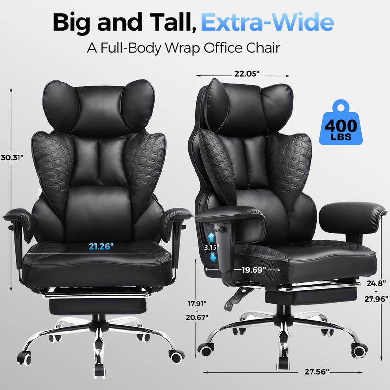 【Ofertas imperdibles】Silla de oficina grande y alta COMHOMA, soporta hasta 181 kg (400 lbs), silla ergonómica para juegos con cuero de lujo con relieve, reposapiés, reclinación de 150°, reposabrazos ajustables y respaldo con resortes ensacados.