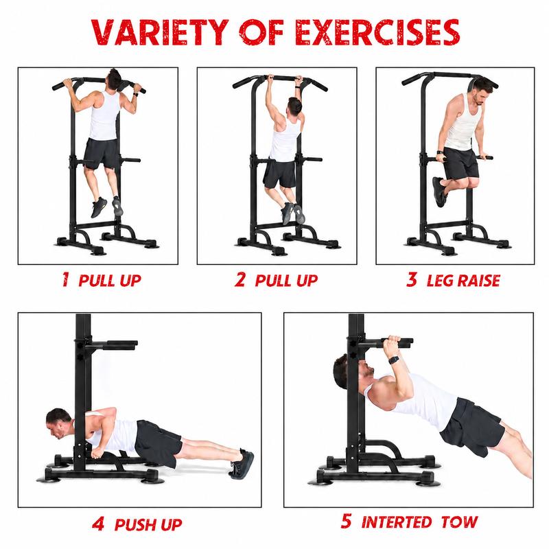 Torre de dominadas multifuncional, estación de fondos de acero resistente para entrenamiento en gimnasio en casa, altura ajustable, capacidad de peso de 150 kg (330 lbs), equipo de gimnasio en casa, acero inoxidable, 129*51*12 cm, ajustable.