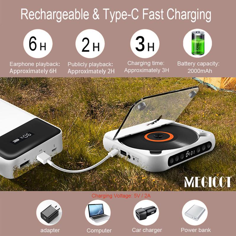 Reproductor de CD inalámbrico recargable Bluetooth 5.3 MEGICOT - Reproductor de audio multiformato con batería de 2000 mAh, controles de botón, función de retención de altavoz, pantalla LED, puerto USB, compatibilidad con auriculares, bloqueo de teclas, r