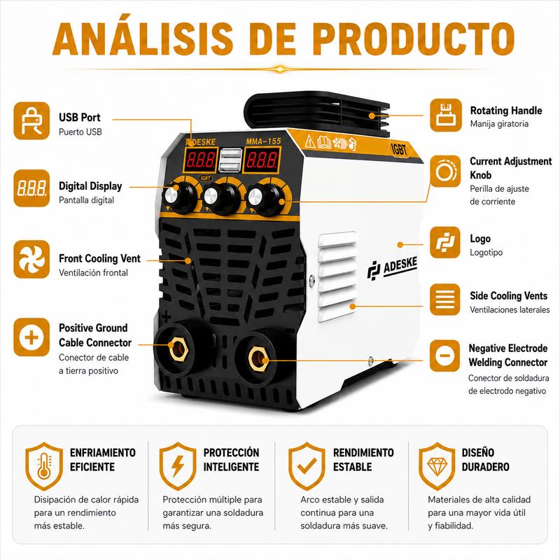 Soldadora de arco portátil ADESKE Mini 155A - Soldadora portátil, doble voltaje 110V/220V, pantalla digital, kit completo de soldadura con varillas de soldadura para proyectos de bricolaje en metal, reparaciones domésticas, actualización de herramientas
