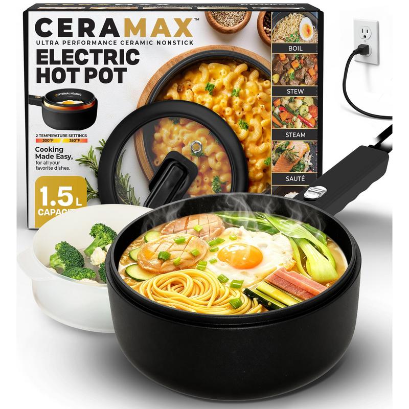 Olla eléctrica antiadherente de cerámica Ceramax, mini olla con tapa y vaporera.