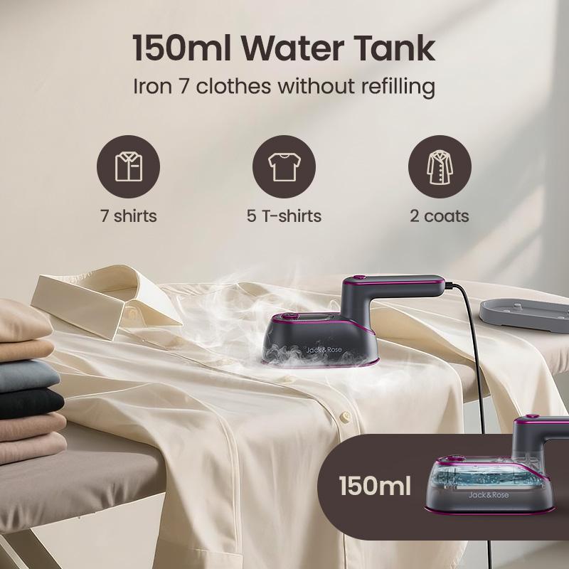 Plancha de vapor y vaporizador de ropa 2 en 1 Jack&Rose - Removedor de arrugas de prendas portátil de mano, calentamiento rápido, suela grande, depósito de agua de 150 ml - Ligero para el hogar, viajes,