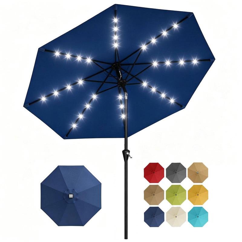 Sombrilla de exterior Garvee Modern de 300 cm (9 pies) resistente con luces LED solares, estructura de 8 varillas de alta resistencia, doble inclinación de 30°, manivela de fácil uso, sombrilla de protección solar resistente a la intemperie para jardín, b