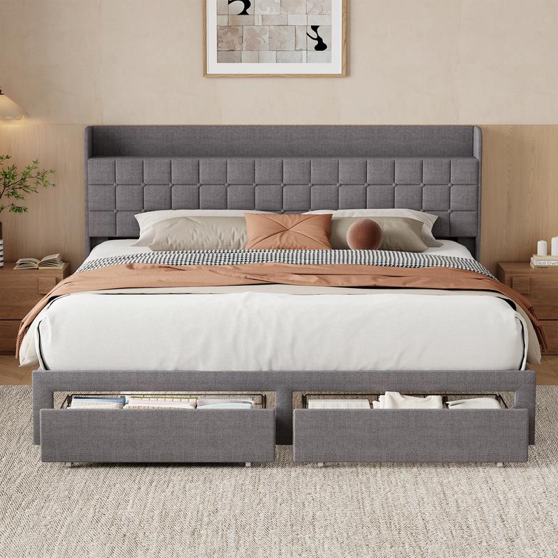 Estructura de cama híbrida resistente de metal tapizado con cabecero de tela - Tamaño Queen/King, 2 cestas de almacenamiento de metal, fácil montaje, decoración contemporánea para el hogar, muebles para apartamentos.