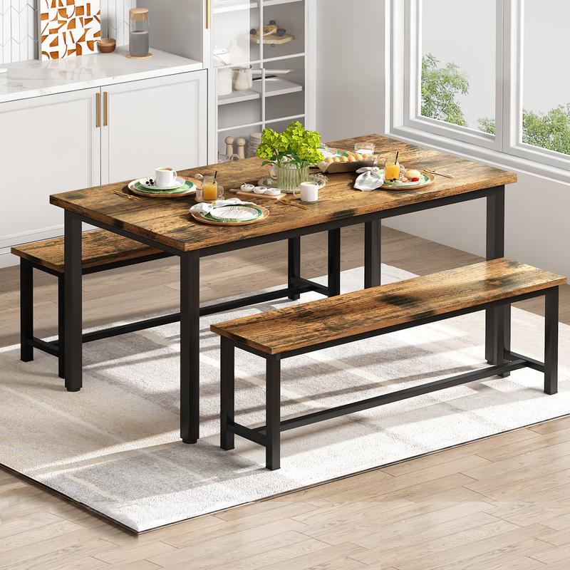 Juego de mesa de comedor moderna Recaceik de 4 piezas con 2 bancos - Muebles compactos y que ahorran espacio con estructura metálica contemporánea para cocinas modernas, apartamentos pequeños [Juego de comedor de interior], muebles para apartamentos, mueb