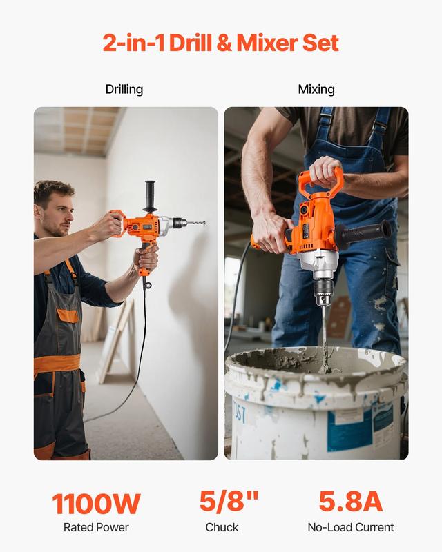 Mezcladora de taladro VEVOR, juego de mezcladora de taladro eléctrico con cable de 5/8 pulgadas, 0-850 RPM, 5.8 A, taladros mezcladores, máquina de taladros mezcladores con mango en D para taladrar y mezclar, mezcladoras de cemento portátiles para forraje