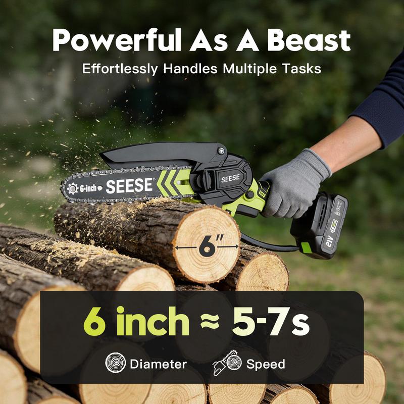 SEESE Mini Motosierra sin escobillas con sistema de lubricación - Sierra eléctrica inalámbrica portátil para cortar madera, funciona con baterías (2000 mAh), podar, jardinería y camping. Ideal para personas mayores y mujeres. Regalo perfecto para Navidad.