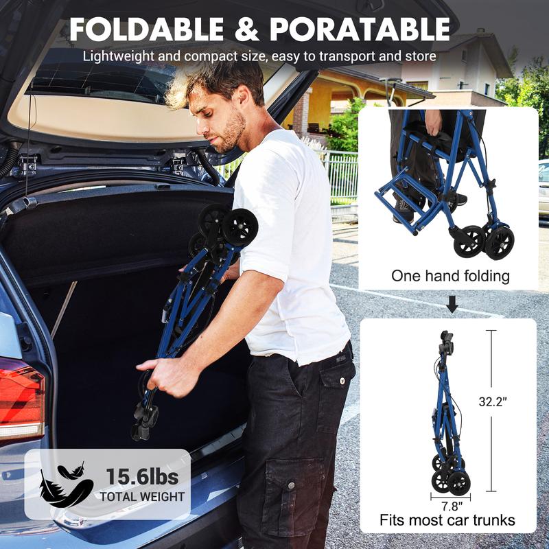 Andador plegable Garvee para personas mayores, asiento y respaldo acolchados, asas ergonómicas, bolsa de almacenamiento, reposapiés resistente, color azul.