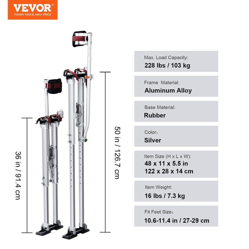 Zancos para paneles de yeso, zancos ajustables de aluminio de 45-76 cm con rodilleras protectoras, zancos de trabajo duraderos y antideslizantes para pintar, caminar y encintar paneles de yeso, color plata.