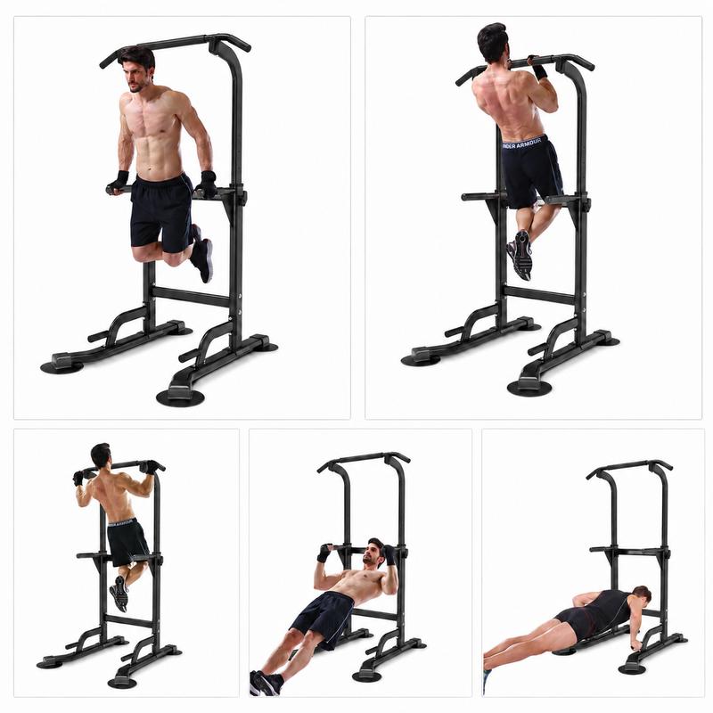 Torre de dominadas multifuncional, estación de fondos de acero resistente para entrenamiento en gimnasio en casa, altura ajustable, capacidad de peso de 150 kg (330 lbs), equipo de gimnasio en casa, acero inoxidable, 129*51*12 cm, ajustable.