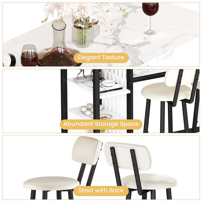 Juego de 3 mesas y sillas de bar AWQM, mesa moderna de imitación mármol blanco con 2 taburetes de bar con cojines de PU, mostrador de cocina con estantes de almacenamiento de 3 niveles, mesa que ahorra espacio para el hogar y la cocina, marco negro, juego