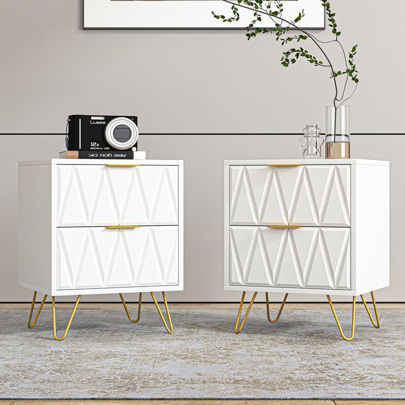 2 mesitas de noche modernas de 2 cajones - Almacenamiento para dormitorio, exquisitas y duraderas mesitas de noche con patas de metal dorado, muebles para sala de estar, muebles para habitación