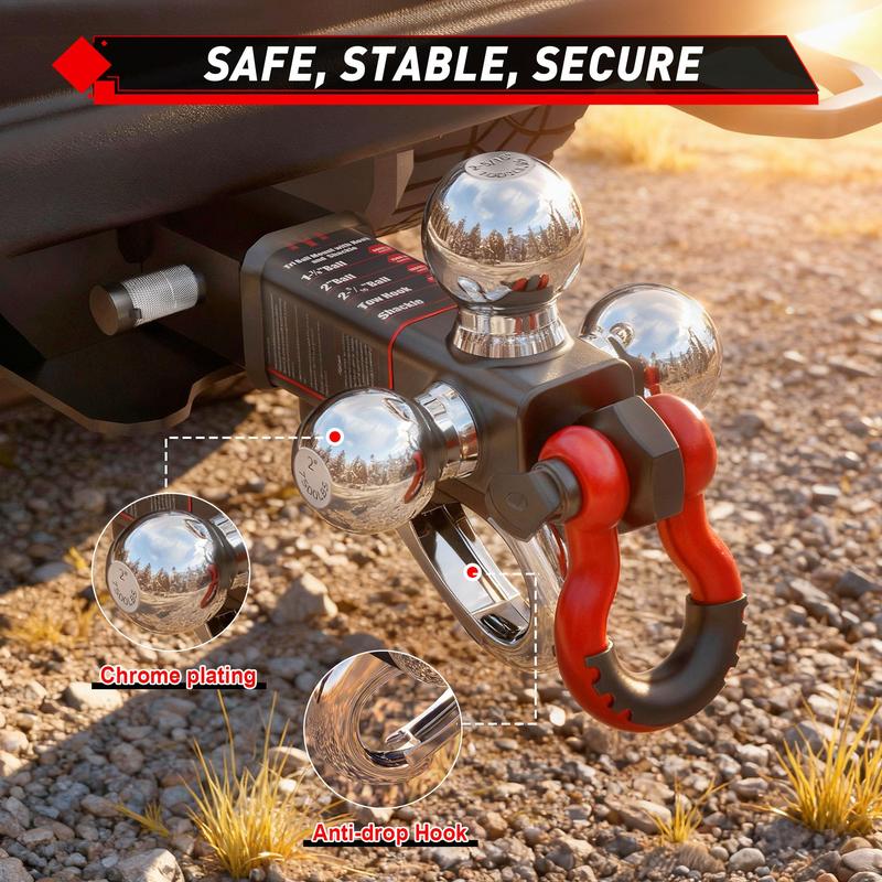 Enganche de remolque TYT ajustable de alta resistencia con tres bolas, compatible con receptores de 2 pulgadas, tres bolas (1-7/8", 2", 2-5/16"), soporte de bola sólido con gancho y grillete de remolque, pasador de bloqueo antirrobo, capacidad de carga to