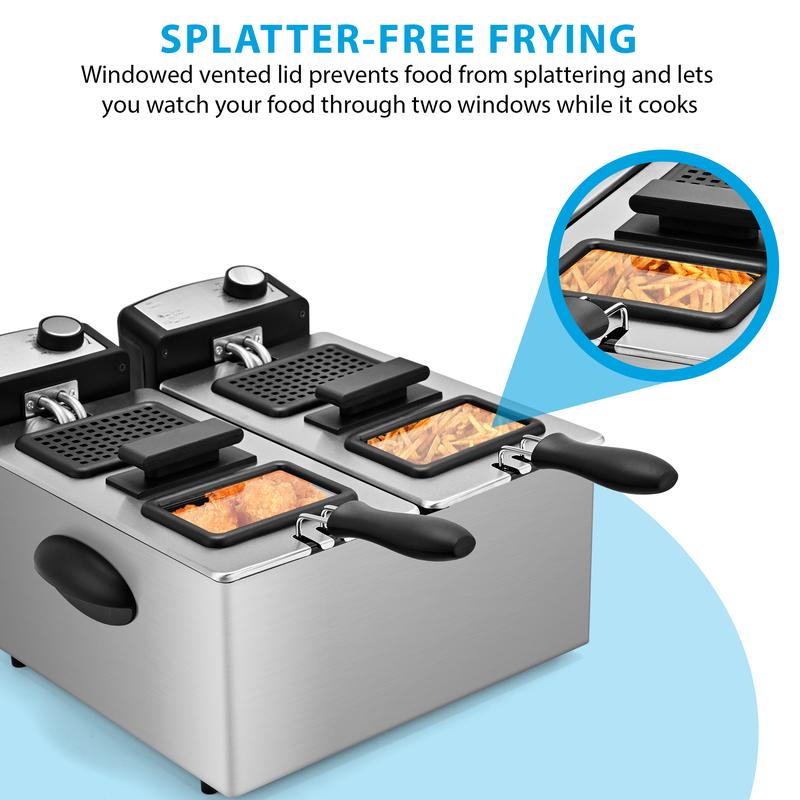 Fredora Electrica doble cesta 1500W temperatura regulable calentamiento rápido 6.3QT capacidad libre de salpicadero paraparatos de cocina eficientes Freidora de temperatura ajustable