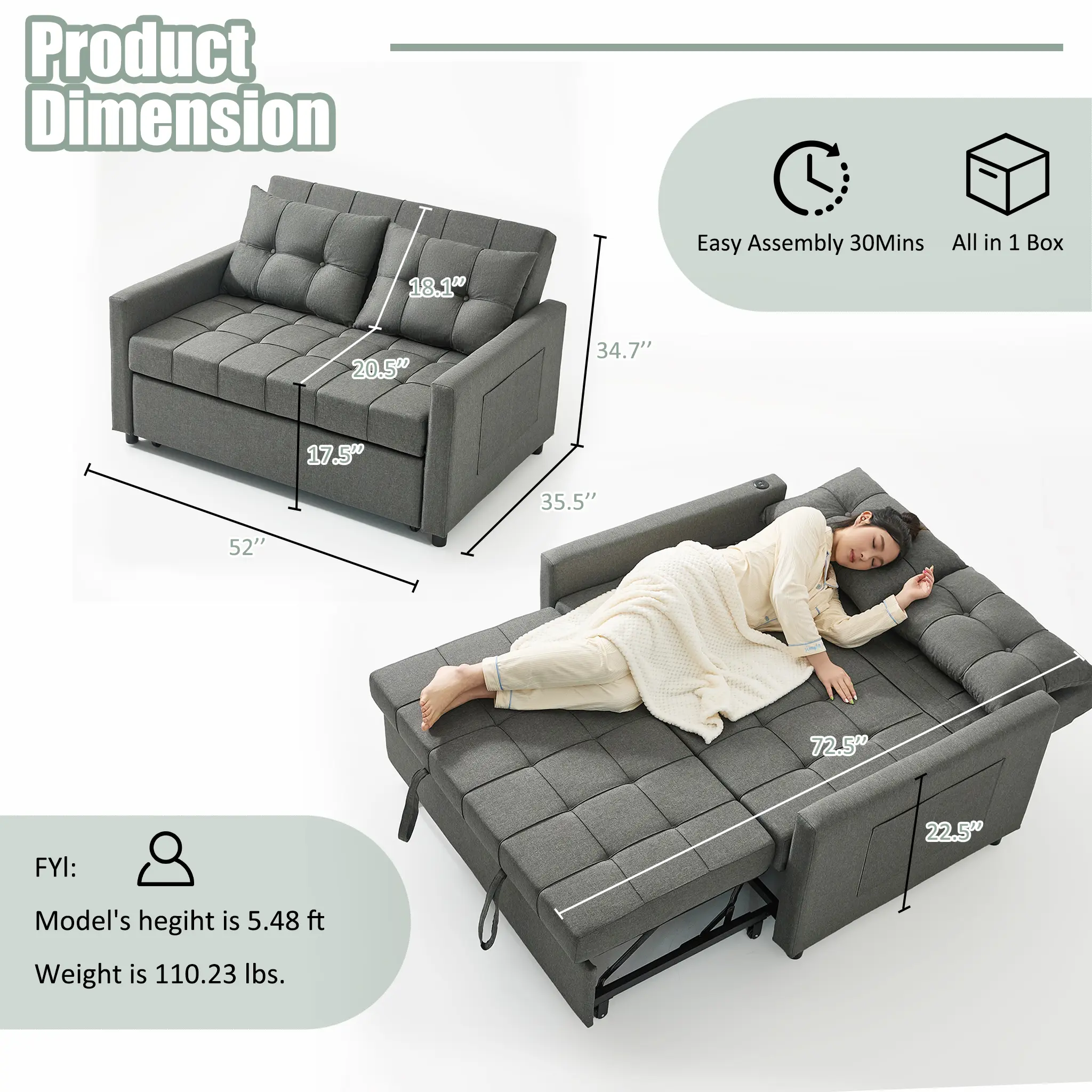 Sofá cama de 52 pulgadas con cama extraíble