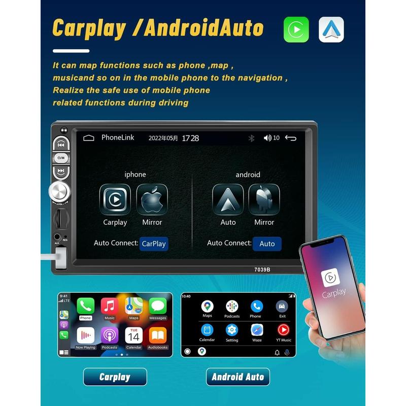 Autoestéreo DIN de 7 pulgadas con Carplay, Android Auto, Bluetooth, pantalla táctil 5.1, receptor de audio para automóvil con Mirror Link, radio FM, SWC, USB, AUX, tarjeta TF y cámara de reversa HD de 12 LED, SummerVibes, regalo del día del padre.