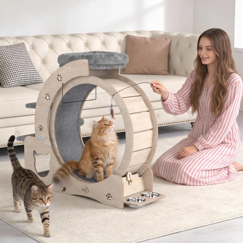 NAVINE Rueda de ejercicio para gatos de 40" para gatos de interior, cinta de correr para gatos con nido, rueda con cierre de seguridad, rascador, casita, escalera y comedero.
