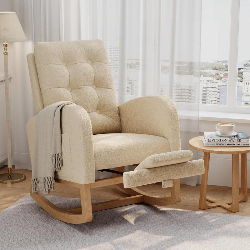 Mecedora reclinable moderna para guardería con carga USB, sillón mecedora tapizado de estilo mediados de siglo con respaldo alto, bolsillo lateral y patas de madera resistentes para cuarto de lactancia, dormitorio o sala de estar.