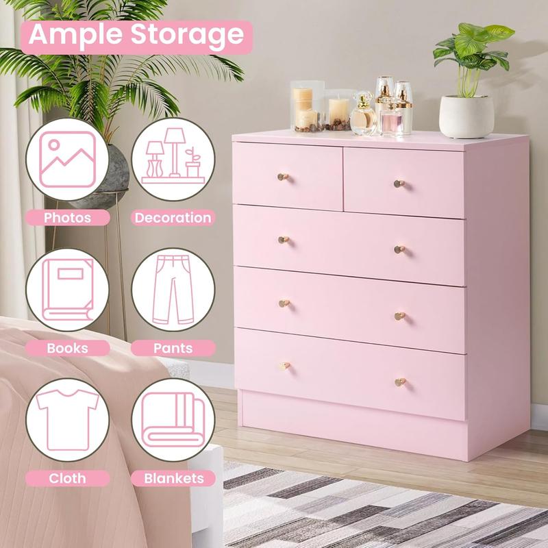 Cómoda rosa de 5 cajones para dormitorio, cómoda moderna de madera, cómodas rosas para dormitorio de niñas, dispositivo antivuelco, tirador de metal oro rosa, sala de estar, recibidor, pasillo, oficina