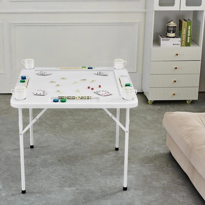 Mesa de Mahjong VEVOR, cuadrada, plegable, para 4 jugadores, con 4 portavasos y 4 bandejas para fichas, mesa de juego de dominó portátil con 1 juego de dominó para Mahjong, póker y rompecabezas, 90 x 90 cm, blanca.