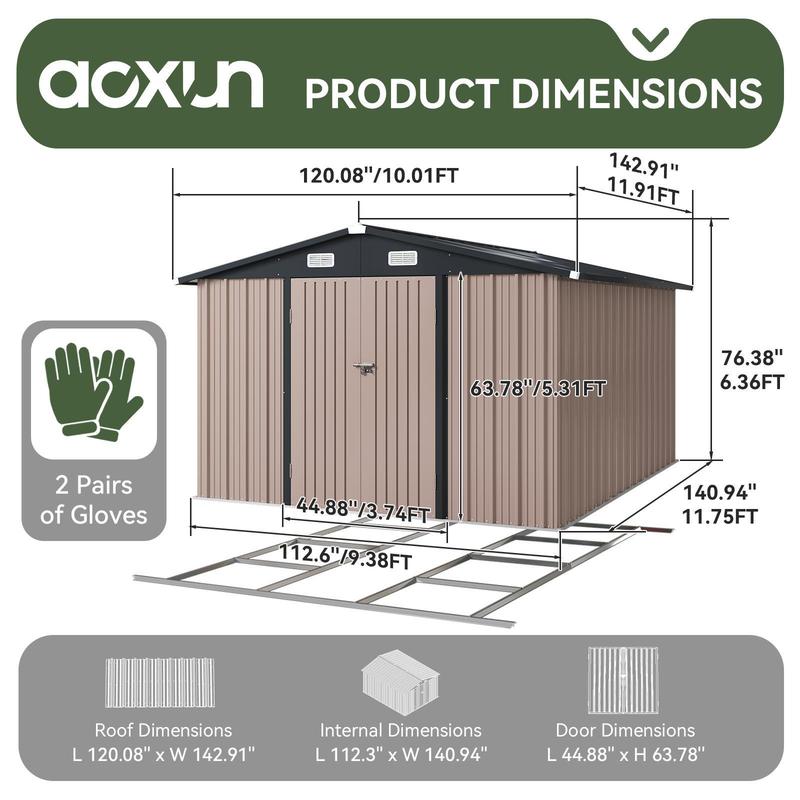 Caseta de almacenamiento Aoxun de 10x8/10x12 con armario auxiliar de jardín de acero básico para exteriores - Base de estructura metálica, puerta con cerradura, resistente a la humedad y al óxido, sin suelo incluido - Ideal para organizar el almacenamient