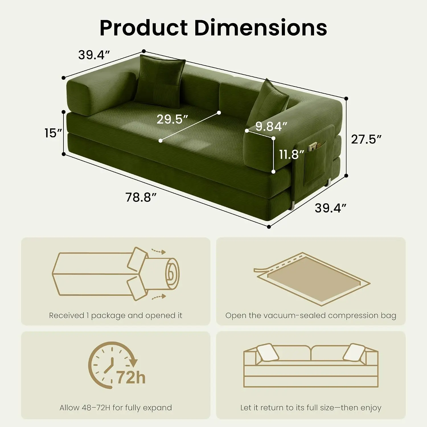 Sofá cama convertible de suelo de 78 pulgadas con espuma de alta densidad y suave pana