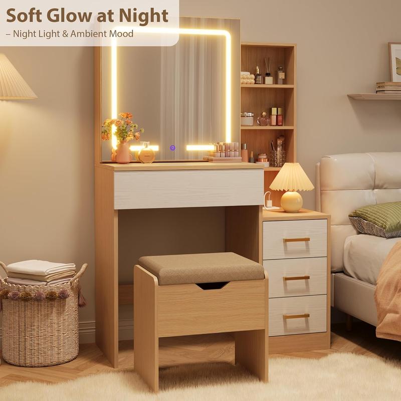 Tocador con espejo y luces, conjunto de mesa y silla de tocador con 4 cajones y estación de carga, tocador con espejo deslizante LED, color natural y blanco.