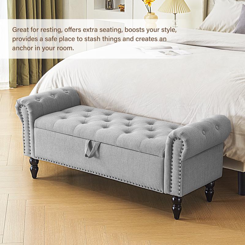 Banco otomano con almacenamiento para cama Queen/King, banco tapizado para el pie de la cama con brazos enrollados para dormitorio, sala de estar, recibidor, taburete acolchado suave, reposapiés