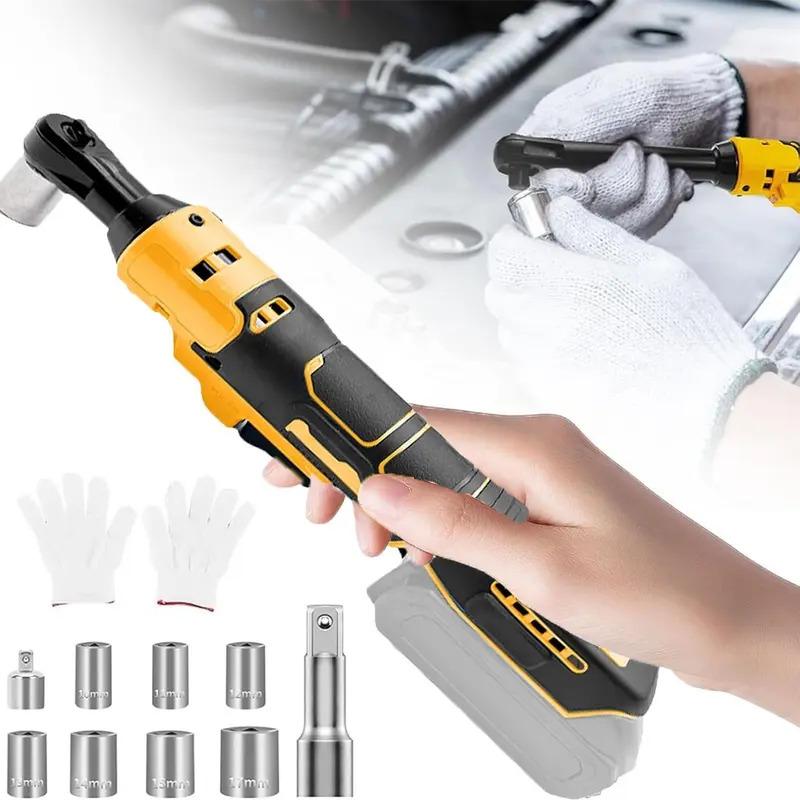 Llave de carraca eléctrica inalámbrica sin escobillas de 3/8" para batería de iones de litio Dewalt de 20 V, herramienta de alta potencia con luz LED y 9 ​​vasos, color amarillo.