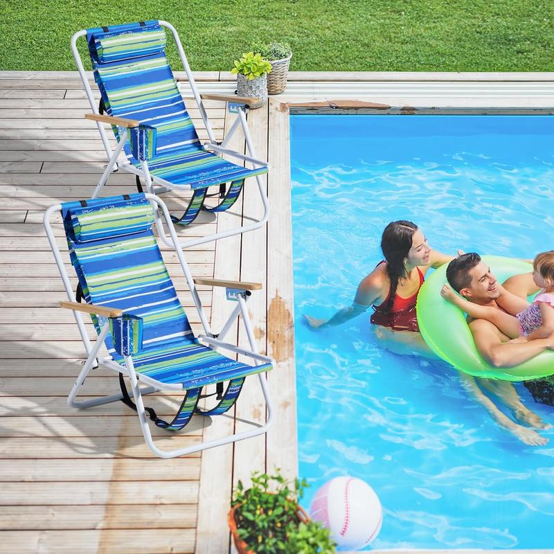 Outvita 2 sillas de playa plegables con reposacabezas ajustable y 4 ángulos de inclinación flexibles, portavasos, portátiles, de tela resistente y lavable, ideales para arena, camping, césped, conciertos, viajes y festivales de verano.