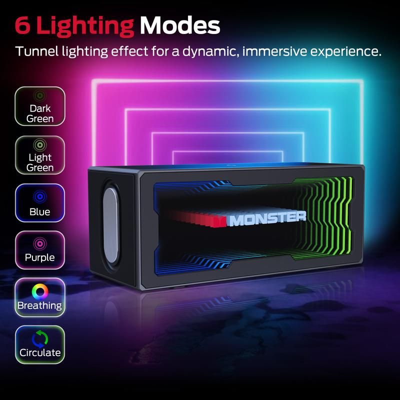 Altavoz Bluetooth portátil compacto Monster S280 con sonido estéreo de 40 W, Bluetooth 6.0, espectáculo de luces LED 3D, estación de carga inalámbrica, llamadas manos libres, compatibilidad con USB/AUX/tarjeta TF, almohadilla ajustable para dispositivos, 