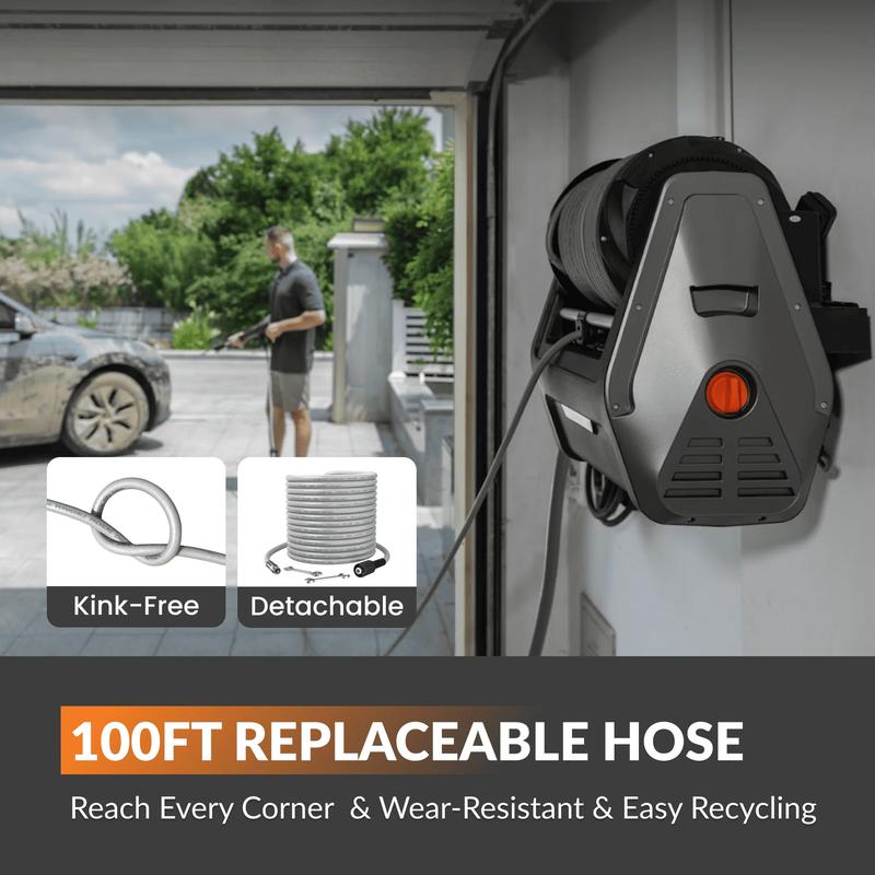 Hidrolavadora retráctil de pared Giraffe Tools Grandfalls Pro 2900 PSI 2.2 GPM para detallado, 2 veces menos ruido, manguera ultrasuave reemplazable de 30 metros (100 pies) extraíble, ecológica y reutilizable, 5 boquillas, diseño listo para usar, 2 años d