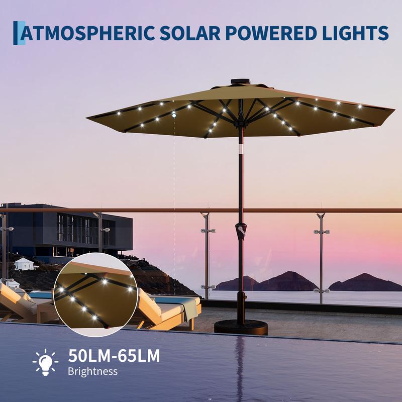 Sombrilla de exterior Garvee Modern de 300 cm (9 pies) resistente con luces LED solares, estructura de 8 varillas de alta resistencia, doble inclinación de 30°, manivela de fácil uso, sombrilla de protección solar resistente a la intemperie para jardín, b