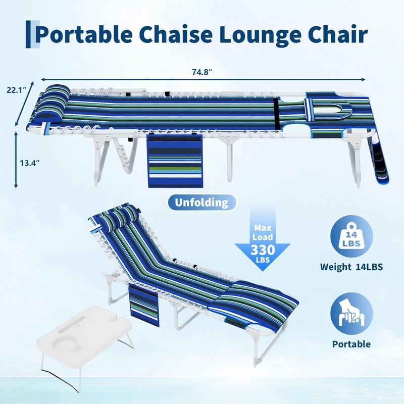 Tumbona de exterior 3 en 1 con orificio para la cara, mesa auxiliar plegable y almohada extraíble, 5 posiciones de reclinación ajustables, banco resistente para patio, piscina, jardín y playa, carga máxima de 150 kg.