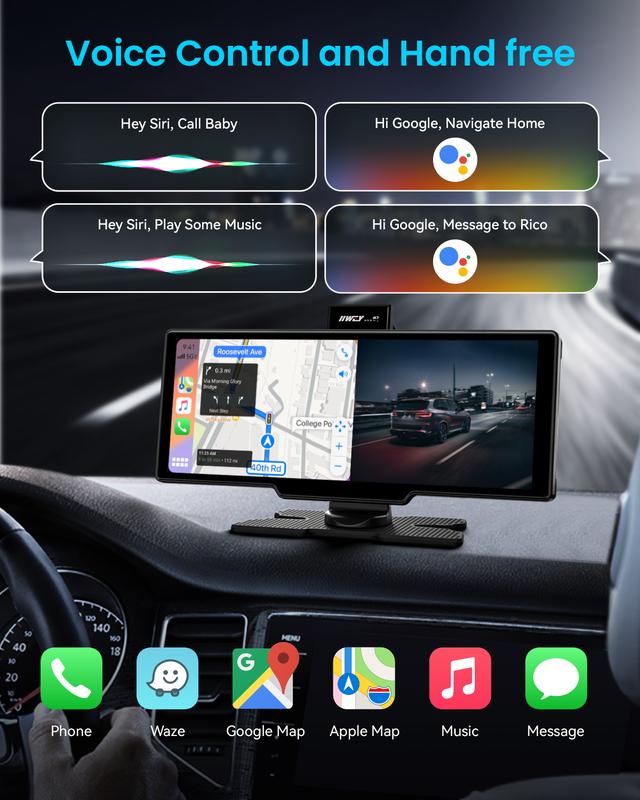 Autoestéreo portátil de 10 pulgadas con cámara de salpicadero 4K y cámara de marcha atrás 1080P – Apple CarPlay inalámbrico, Android Auto, 64 GB de almacenamiento, navegación GPS, control por voz, reproducción de música, Mirror Link, tarjeta de memoria in