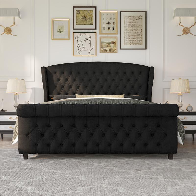 Estructura de cama tipo plataforma AMERLIFE, cama trineo tapizada en terciopelo con cabecero y piecero con alas curvas / No requiere somier / Regalo de Navidad / Las mejores ideas para regalos