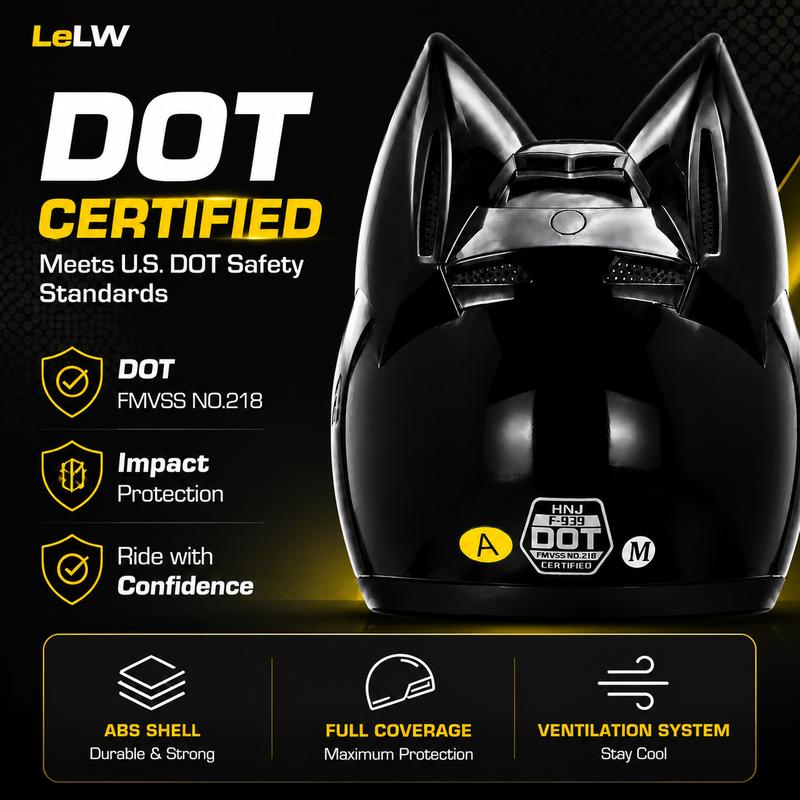 Casco de moto LeLW con orejas de gato, bonito casco integral para mujeres y hombres, casco de seguridad con certificación DOT, doble visera, forro extraíble y lavable, compatible con Bluetooth, sistema de ajuste regulable, incluye bolsa para el casco.