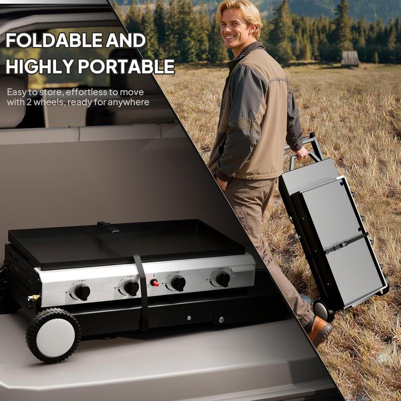 Plancha plegable de propano ROVSUN de 4 quemadores con ruedas y bandeja esmaltada, parrilla de gas portátil de superficie plana de 40000 BTU con encendido electrónico y regulador para cocinar al aire libre, acampar, barbacoas, picnics y eventos deportivos