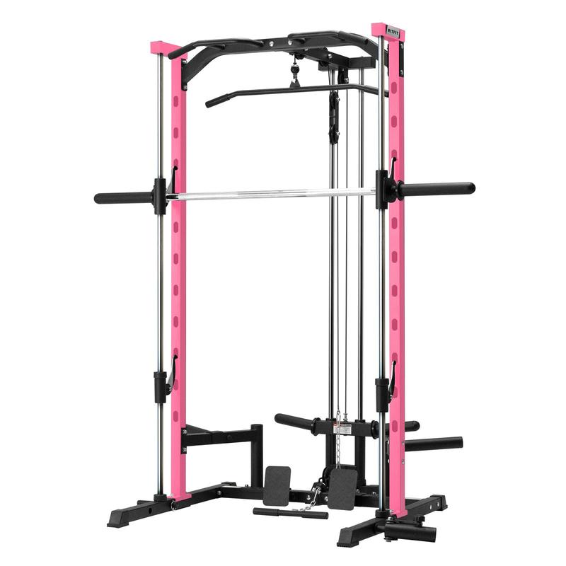 Máquina Smith multifuncional RitFit PSR05 con 13 accesorios incluidos. Máquina Smith, máquina de sentadillas, jaula de potencia, sistema de gimnasio en casa, estación de gimnasio en casa, equipo de entrenamiento de fuerza (negro/rosa), máquina de ejercici