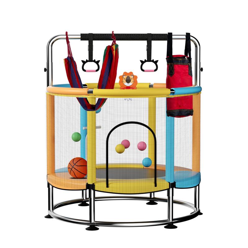 Cama elástica de 55" para niños, hasta 200 kg (440 lbs), mini cama elástica con base redonda antivuelco, cama elástica para niños pequeños para interiores y exteriores con red de seguridad, barras de gimnasia ajustables y aro de baloncesto.