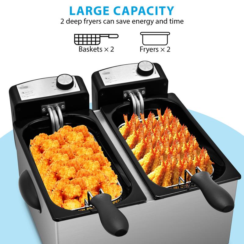 Fredora Electrica doble cesta 1500W temperatura regulable calentamiento rápido 6.3QT capacidad libre de salpicadero paraparatos de cocina eficientes Freidora de temperatura ajustable