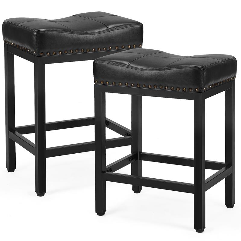 Taburetes ergonómicos sin respaldo de 61 cm (24 pulgadas) de cuero sintético, paquete de 2 - Sillas de interior con base totalmente metálica, fácil montaje, estilo bohemio rústico, muebles de bar para el hogar, cocina, cafetería, happy hour en casa, silla