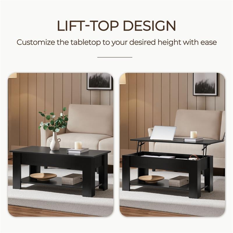 Mesa de centro elevable Yaheetech con compartimento oculto y 2 estantes abiertos. Diseño multiusos. Elevador a gas. Ideal para espacios pequeños. Perfecta para sala de estar, oficina o el hogar.