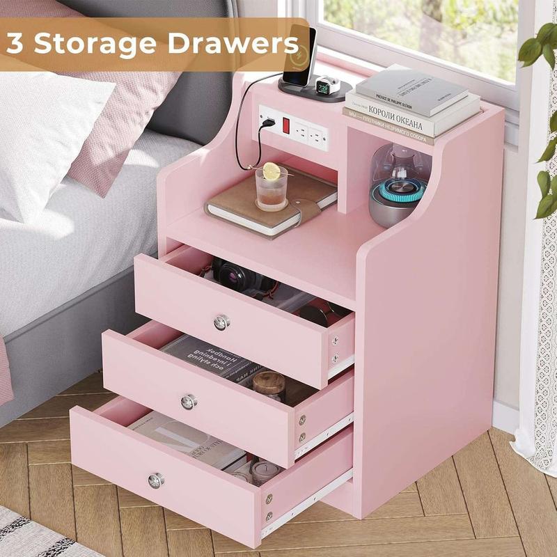 Mesita de noche Sikaic con estación de carga, mesita de noche rosa con estantería, mesita de noche con cajones, mesita de noche con almacenamiento, muebles para el hogar, artículos esenciales para dormitorios universitarios.